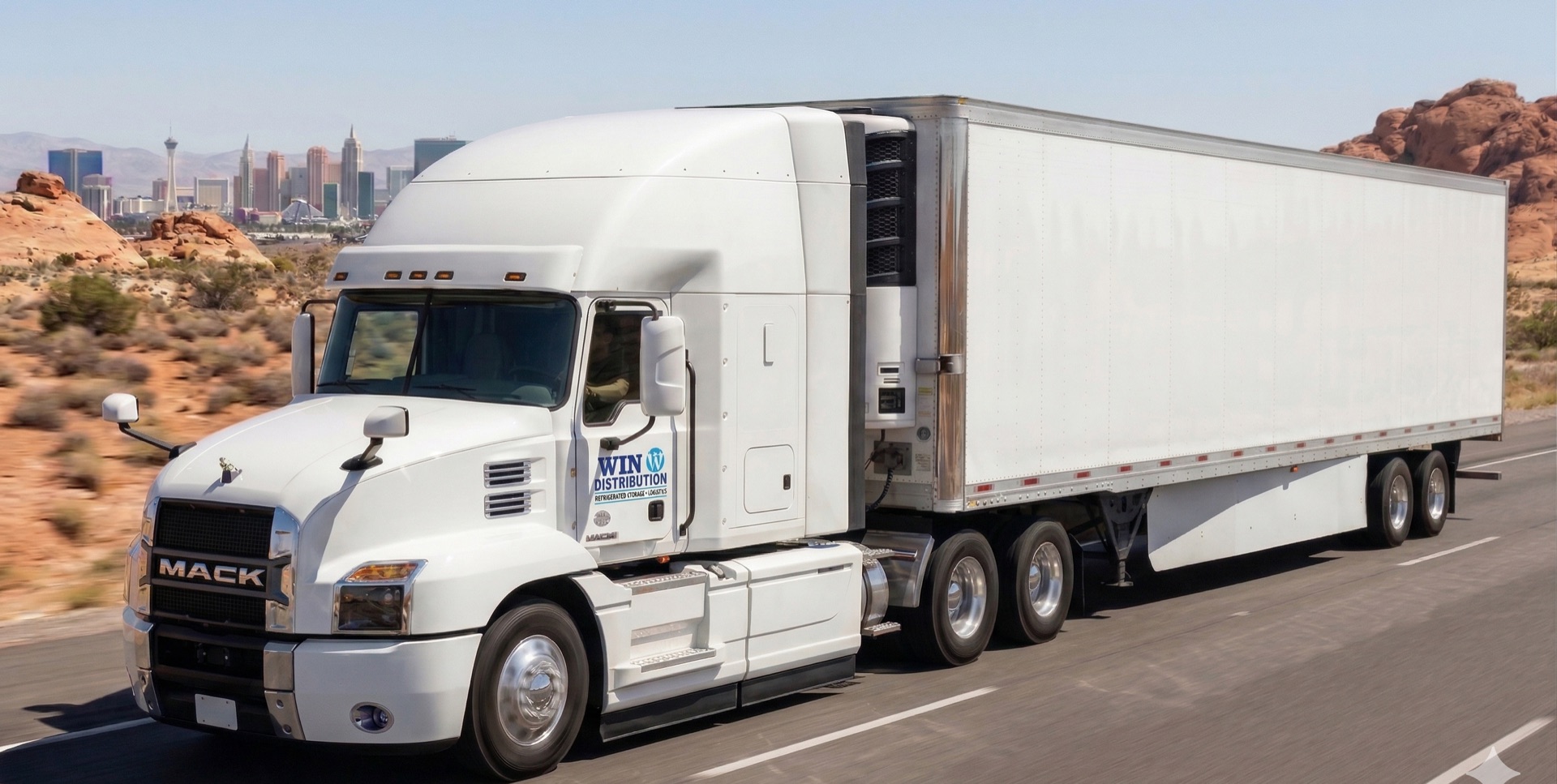 WIN Distribution refrigerated truck on highway near Las Vegas
